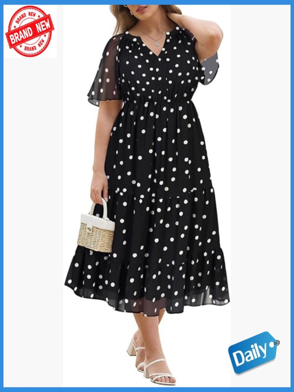 Plus Size Chiffon Midi Dress V-Neck Short Sleeve A-Line Ruffle